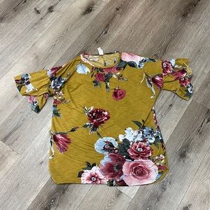 Fun fall tunic style top.  Mustard yellow, green, blue, pink, white